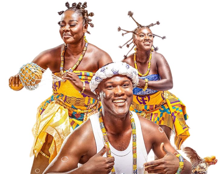 Cultural dancers in traditional kente attire
